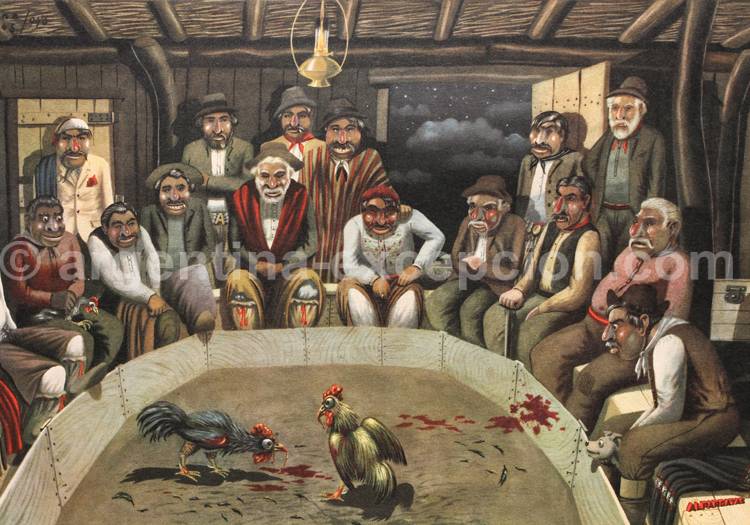 Combat de coqs. Dessin Florencio Molina Campos, calendrier Alpargatas Combat de coqs. Dessin Florencio Molina Campos, calendrier Alpargatas